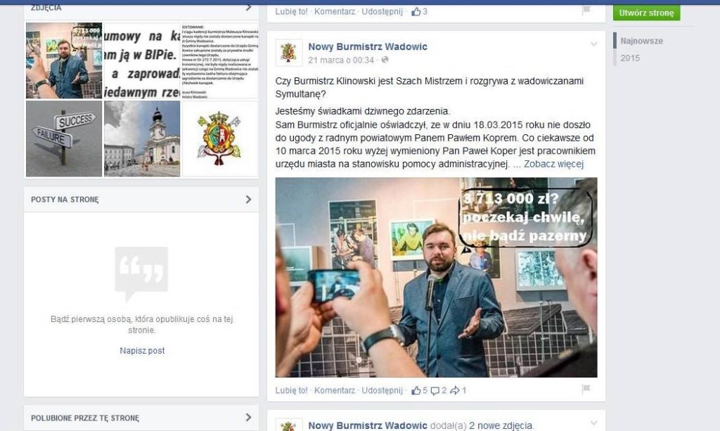 Nowy Burmistrz Wadowic krytykuje dr Klinowskiego na fanpage fejsbukowym - scren