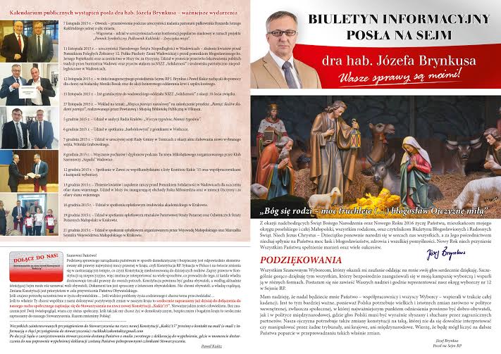 Biuletyn informacyjny nr 1 posła dr hab. Józefa Brynkusa - tył - grudzień 2015r.