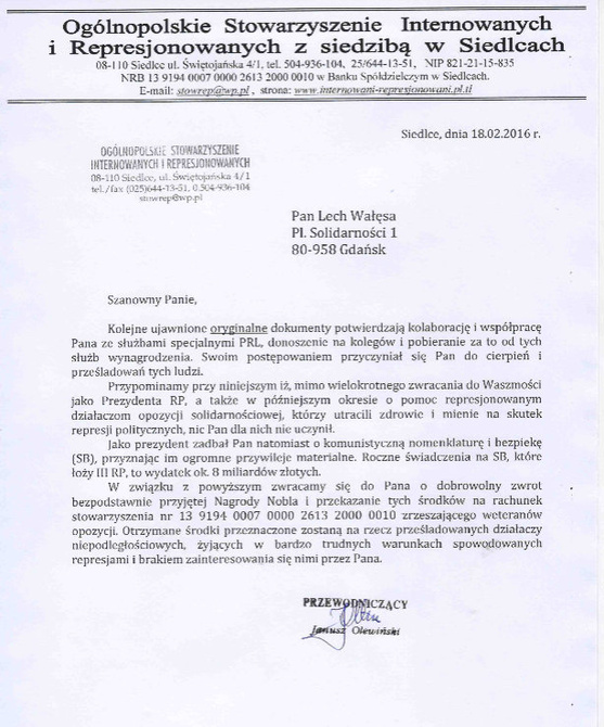 List do Wałęsy ws oddania pieniędzy za Nobla