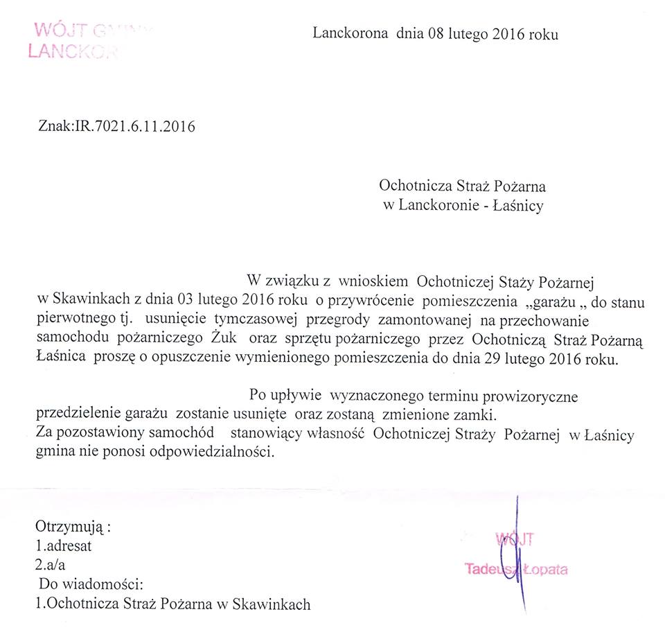 Pismo Wójta Tadeusza Łopaty ws grażu dla OSP Łaśnica