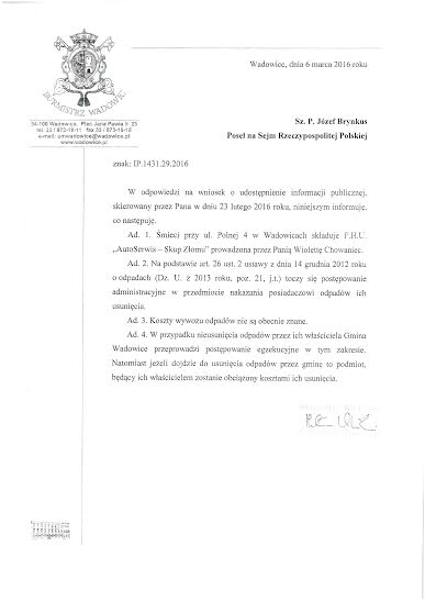 Pismo Burmistrza Klinowskiego z odpowiedziami dla posła Brynkusa ws śmeici na ul. Polnej w Wadowicach
