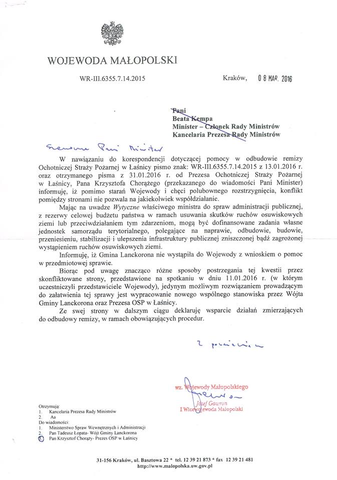 Pismo od Wojewody małopolskiego w sprawie OSP Łaśnica
