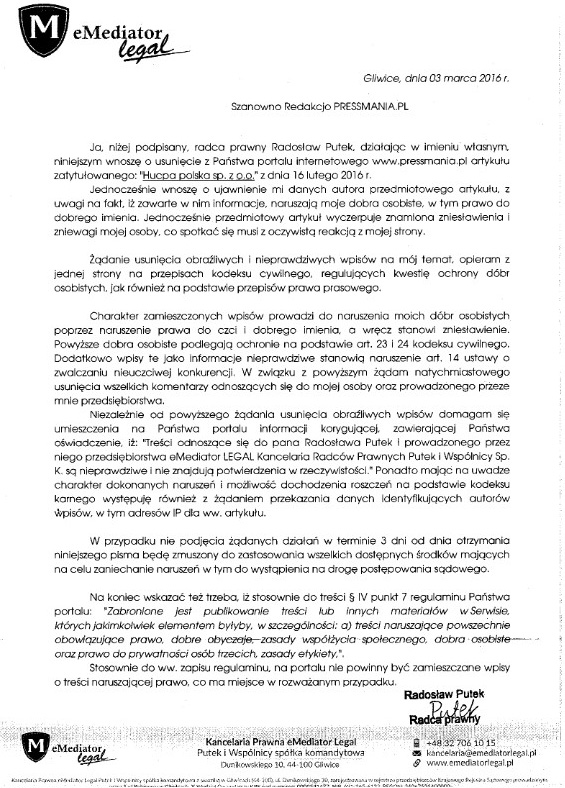 Wezwanie do usunięcia artykułu Pressmania