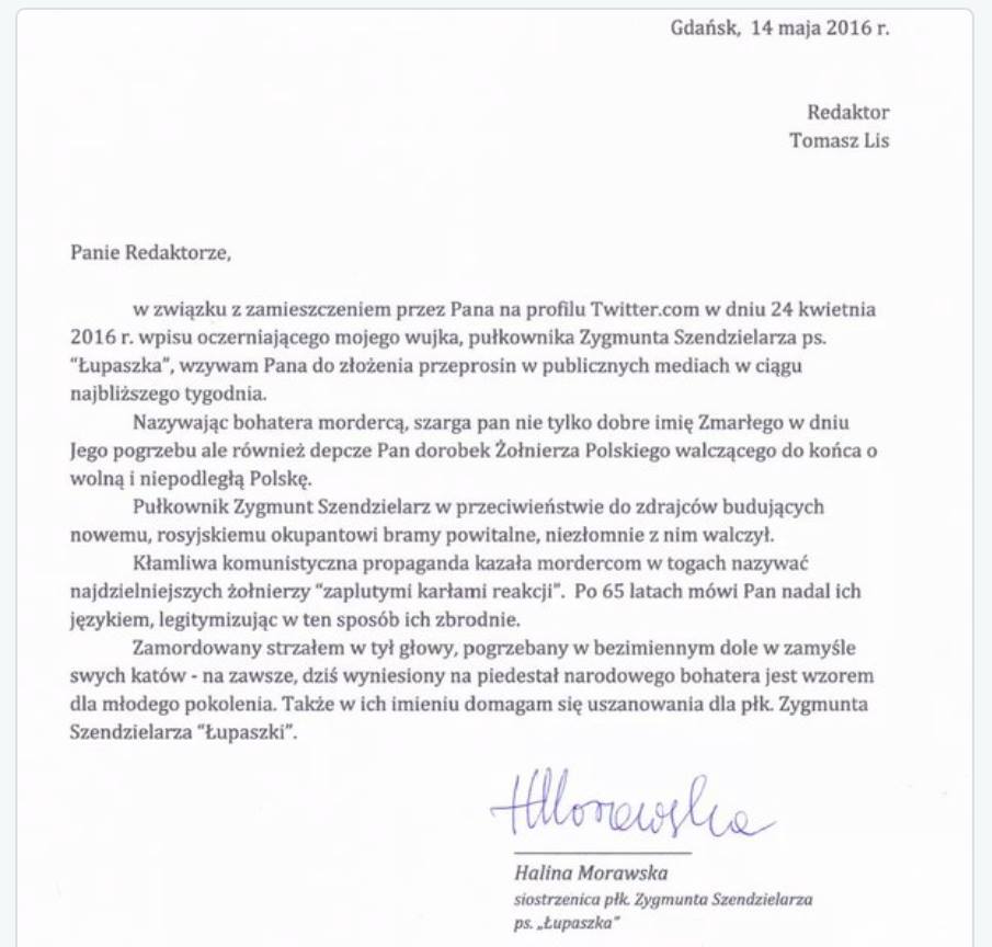 List siostrzenicy majora Łupaszki do Tomasza Lisa w sprawie jego skandalicznego wpisu ma Twitterze