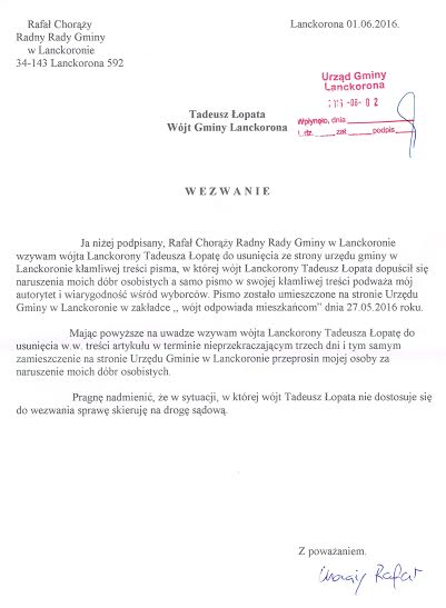 Wezwanie do usunięcia naruszenia dóbr osobistych przez wójta Gminy Lanckorona Tadeusza Łopatę