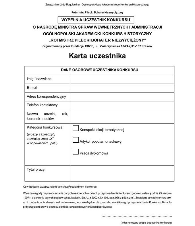 Załącznik nr 2 do Regulaminu Ogólnopolskiego Akademickiego Konkursu Historycznego