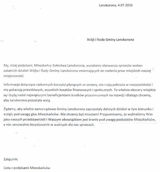 Pismo do władz samorządowych Lanckorony ws praw miejskich