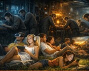 Ilustracja inspirowana wizją Elojów i Morloków z „Wehikułu czasu”: w tle technicy obsługujący maszyny i serwery, a na pierwszym planie ludzie zrelaksowani z telefonami i goglami VR, symbol podziału między twórcami technologii a jej biernymi konsumentami.