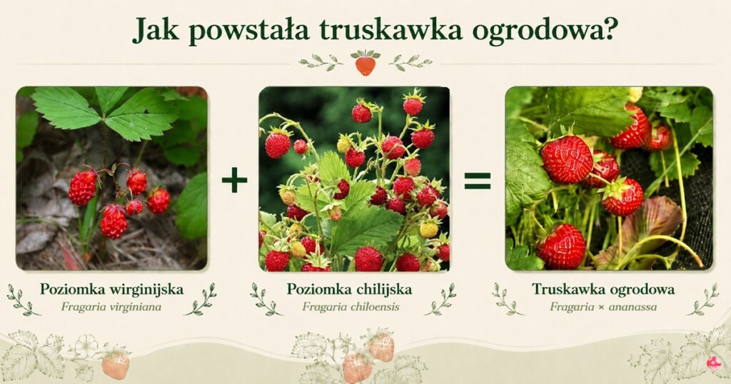 Infografika pokazująca, jak powstała truskawka ogrodowa. Po lewej poziomka wirginijska, pośrodku poziomka chilijska, a po prawej truskawka ogrodowa. Między obrazami widnieją znaki plus i równości, pokazujące, że skrzyżowanie dwóch gatunków poziomki dało współczesną truskawkę.