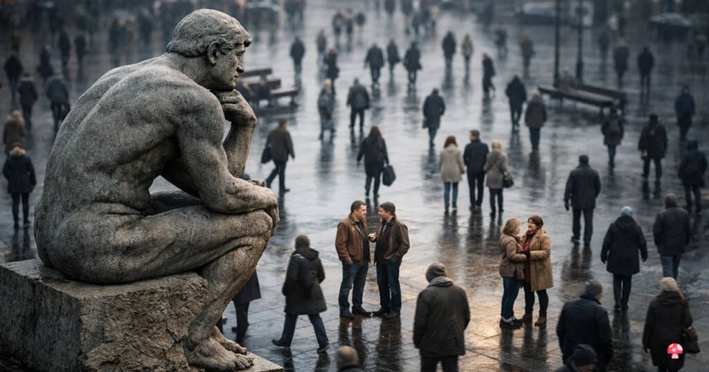 Kamienna rzeźba siedzącego, zamyślonego mężczyzny patrzy na plac miejski, po którym idą ludzie. Większość przechodzi obok siebie ze spuszczonymi głowami, a kilka osób zatrzymuje się, by rozmawiać.