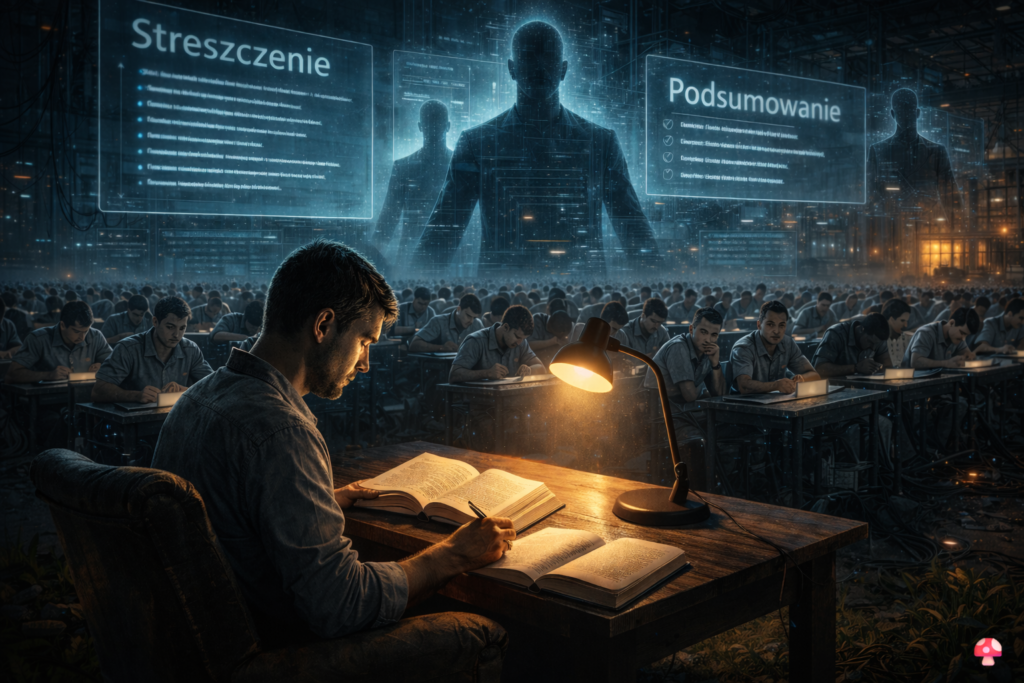 Mężczyzna czyta książkę przy lampie, podczas gdy wokół niego tłum ludzi korzysta z tabletów, a nad nimi unoszą się cyfrowe streszczenia i podsumowania generowane przez algorytm.