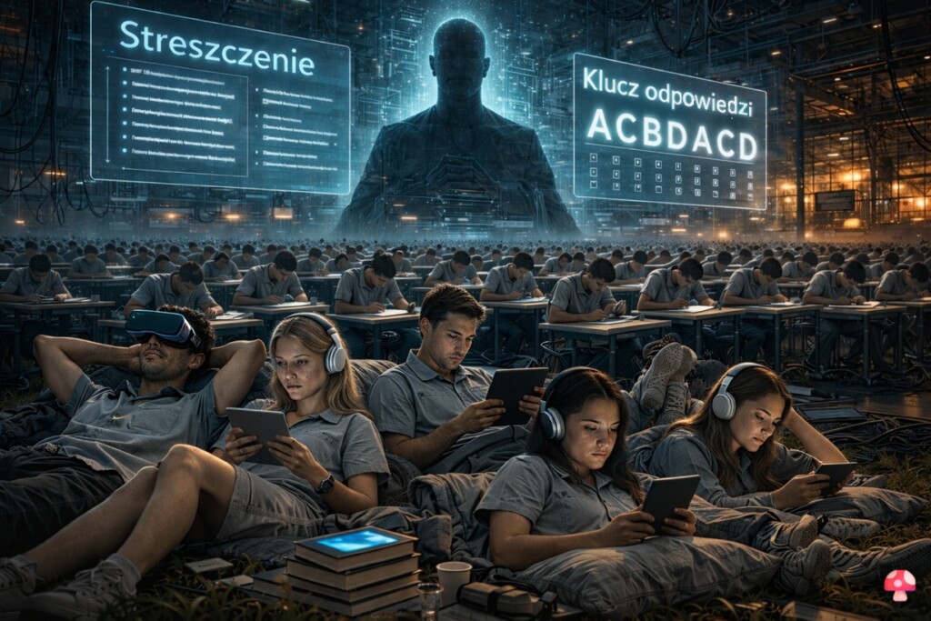 Młodzi ludzie siedzą z tabletami i słuchawkami, w tle sala egzaminacyjna z uczniami rozwiązującymi test według klucza odpowiedzi oraz cyfrowe ekrany ze streszczeniami i algorytmami.