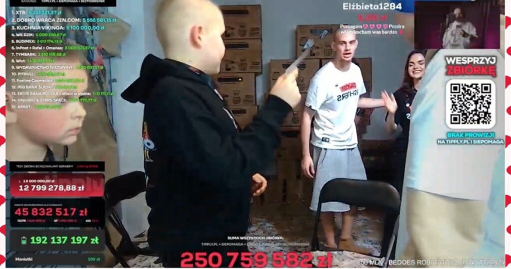 Zrzut ekranu ze streamu charytatywnego. Na dole widać licznik zbiórki z kwotą ponad 250 milionów złotych, a u góry wpłatę 5 zł od Elżbiety1284.