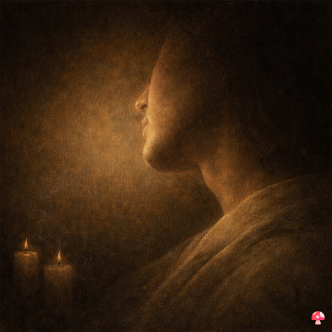 Profil twarzy w półmroku, oświetlony ciepłym światłem świec, symbol skupienia i godności