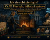Kolaż pokazujący inflację jako ogień w piecu pilnowany przez przedstawiciela Narodowego Banku Polskiego. Po lewej stronie widać rosnące ceny i koszyk z podstawowymi produktami, a po prawej drukowanie pieniędzy, termometr z domalowanymi kreskami oraz symbole dóbr, których nie da się stworzyć samym zapisem.