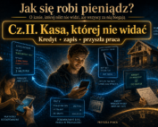 Kolaż przedstawiający współczesny, niewidzialny obieg pieniądza: młody człowiek patrzy w smartfon, wokół niego płyną cyfrowe zapisy, płatności bezgotówkowe, raty, kredyt, budowa domu i motyw przyszłej pracy zamienionej w dzisiejszy zapis.