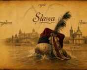Stylizowana sepia grafika w klimacie starego druku. Na tle Wisły, Wawelu i kościoła na Skałce leży na kamieniu czerwona czapka krakuska z czarnym otokiem, pawimi piórami i kolorowymi wstążkami. Nad kompozycją widnieje duże słowo „Sława”, a wokół niego mniejsze słowa: „cześć”, „czołem”, „chwała” i „serwus”.