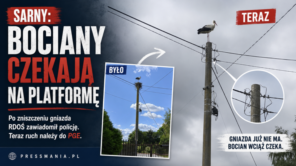 Sarny: bocianie gniazdo zniknęło w&nbsp;nocy. RDOŚ zawiadomił policję, teraz ruch należy do&nbsp;PGE