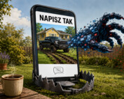 Satyryczna ilustracja przedstawiająca smartfon ustawiony w metalowej pułapce na trawniku. Na ekranie czarny amerykański pick-up rozjeżdża trawę przed żółtym domem, nad zdjęciem widnieje napis „NAPISZ TAK”, a cyfrowa łapa sięga po symbole współczucia, smutku i gniewu.