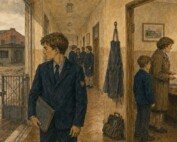 Ilustracja w stylu dawnej lektury szkolnej. Uczeń technikum w granatowym mundurku stoi pomiędzy zamkniętą bramą opustoszałego zakładu przemysłowego a szkolnym gabinetem, w którym rodzic z dzieckiem rozmawia z dyrektorem. Na ścianie wisi nieużywany fartuch, a pod nim stoi torba z narzędziami.
