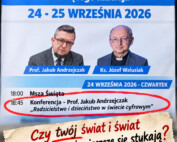 Plakat III Forum dla Rodziny u Świętego Macieja w Andrychowie z zaznaczonym wykładem prof. Jakuba Andrzejczaka „Rodzicielstwo i dzieciństwo w świecie cyfrowym” oraz hasłem: „Czy twój świat i świat twojego dziecka jeszcze się stykają?”