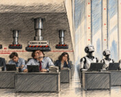 Prasowa ilustracja: pięcioro ludzi pracuje pod niskim sufitem i tłokami, z których jeden wciska głowę mężczyzny pod linię „CZŁOWIEK”. Po prawej cztery roboty siedzą przy biurkach wysoko ponad linią oznaczoną „AI”.