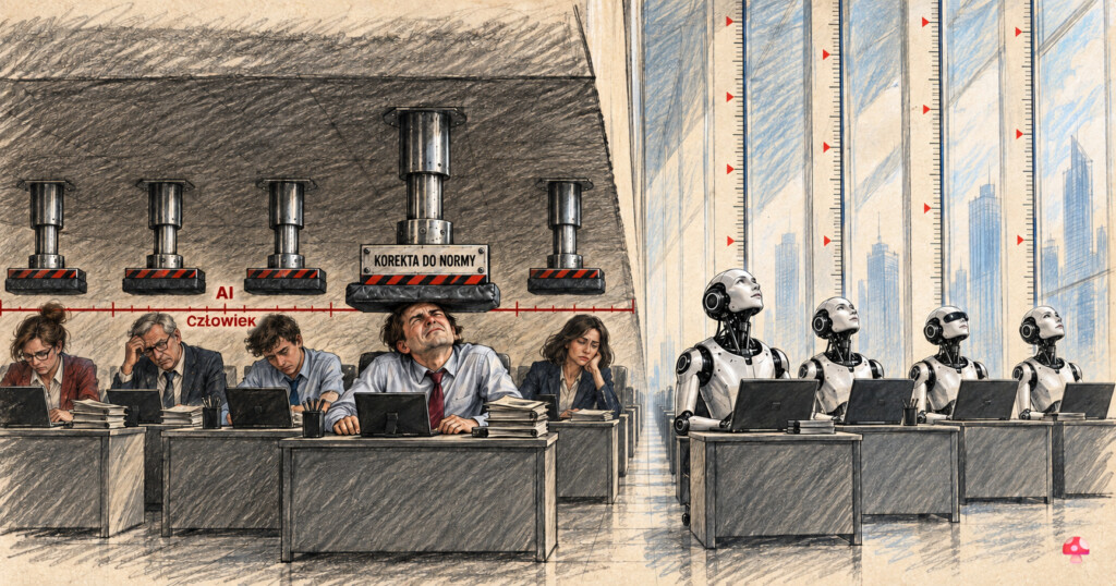 Prasowa ilustracja: pięcioro ludzi pracuje pod niskim sufitem i tłokami, z których jeden wciska głowę mężczyzny pod linię „CZŁOWIEK”. Po prawej cztery roboty siedzą przy biurkach wysoko ponad linią oznaczoną „AI”.