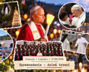 Kolaż z trzeciego dnia wizyty papieża Leona XIV we Francji: spotkanie z biskupami, Msza święta w Lourdes, spotkania z osobami chorymi i siostrami kontemplacyjnymi oraz wieczorna procesja ze świecami.