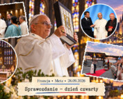 Kolaż z czwartego dnia wizyty papieża Leona XIV we Francji: spotkanie międzyreligijne w Metzu, rozmowa o Europie, Msza w katedrze św. Szczepana oraz ceremonia pożegnania przed odlotem do Rzymu.