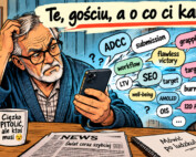 Komiksowa ilustracja przedstawiająca starszego mężczyznę w okularach, siedzącego przy kuchennym stole z kawą i smartfonem. Wokół niego unoszą się angielskie i branżowe określenia, m.in. ADCC, submission, grappling, workflow, SEO, target, burnout, AMOLED i OIS. Na grafice widnieje tytuł „Te, gościu, a o co ci kaman?”