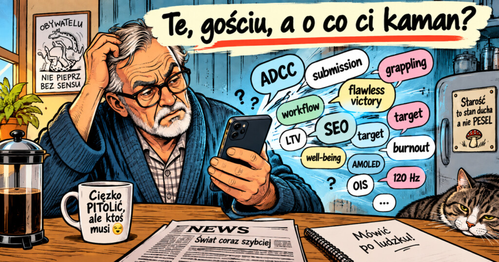 Komiksowa ilustracja przedstawiająca starszego mężczyznę w okularach, siedzącego przy kuchennym stole z kawą i smartfonem. Wokół niego unoszą się angielskie i branżowe określenia, m.in. ADCC, submission, grappling, workflow, SEO, target, burnout, AMOLED i OIS. Na grafice widnieje tytuł „Te, gościu, a o co ci kaman?”