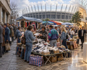 Panorama przemian polskiego handlu: po lewej kolejka przed ubogą witryną z czasów PRL, pośrodku barwny bazar nawiązujący do Jarmarku Europa, a po prawej nowoczesna galeria z białym butem wystawionym w szklanej gablocie.
